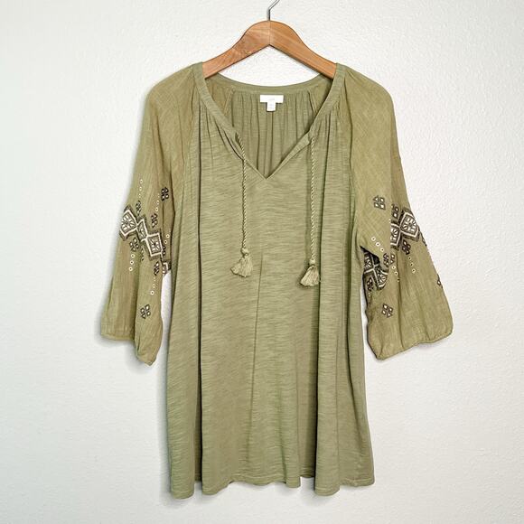 J. Jill Green Mixed Media Embroidered Boho Peasant Tassel Tunic Top women’s 1X - Picture 2 of 11